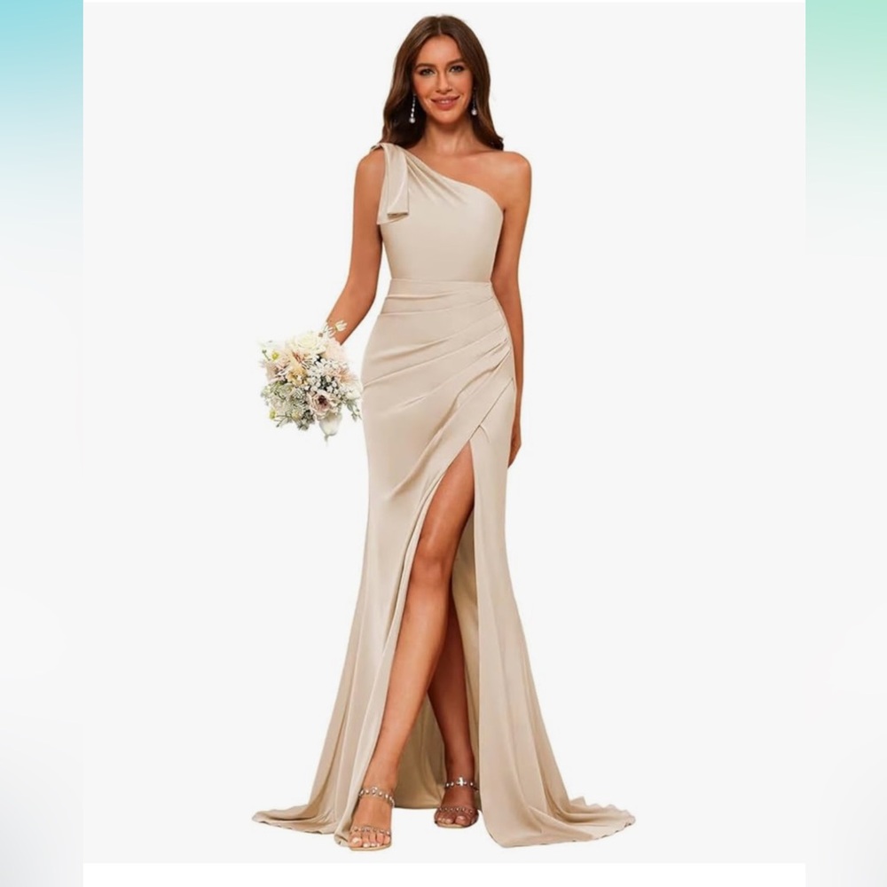 One Shoulder Mermaid Satin Dress - Champagne